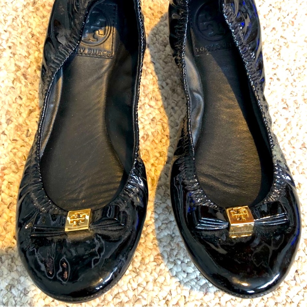 Tory Burch Eddie Bow Logo Black Patent Flats
